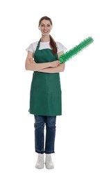 Photo of Smiling cleaning service worker with dusting brush on white background