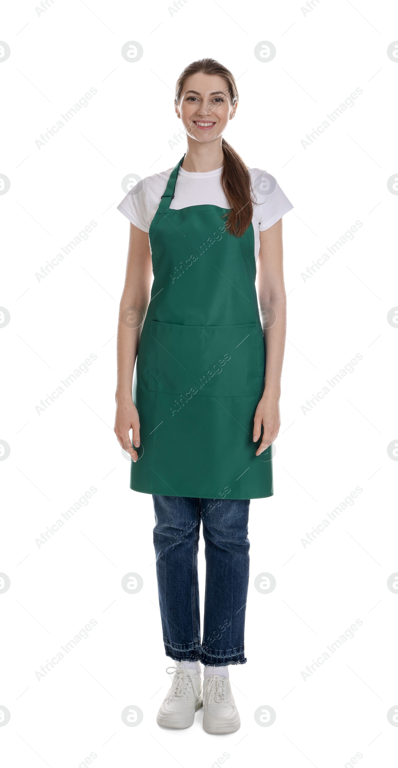 Photo of Smiling cleaning service worker on white background