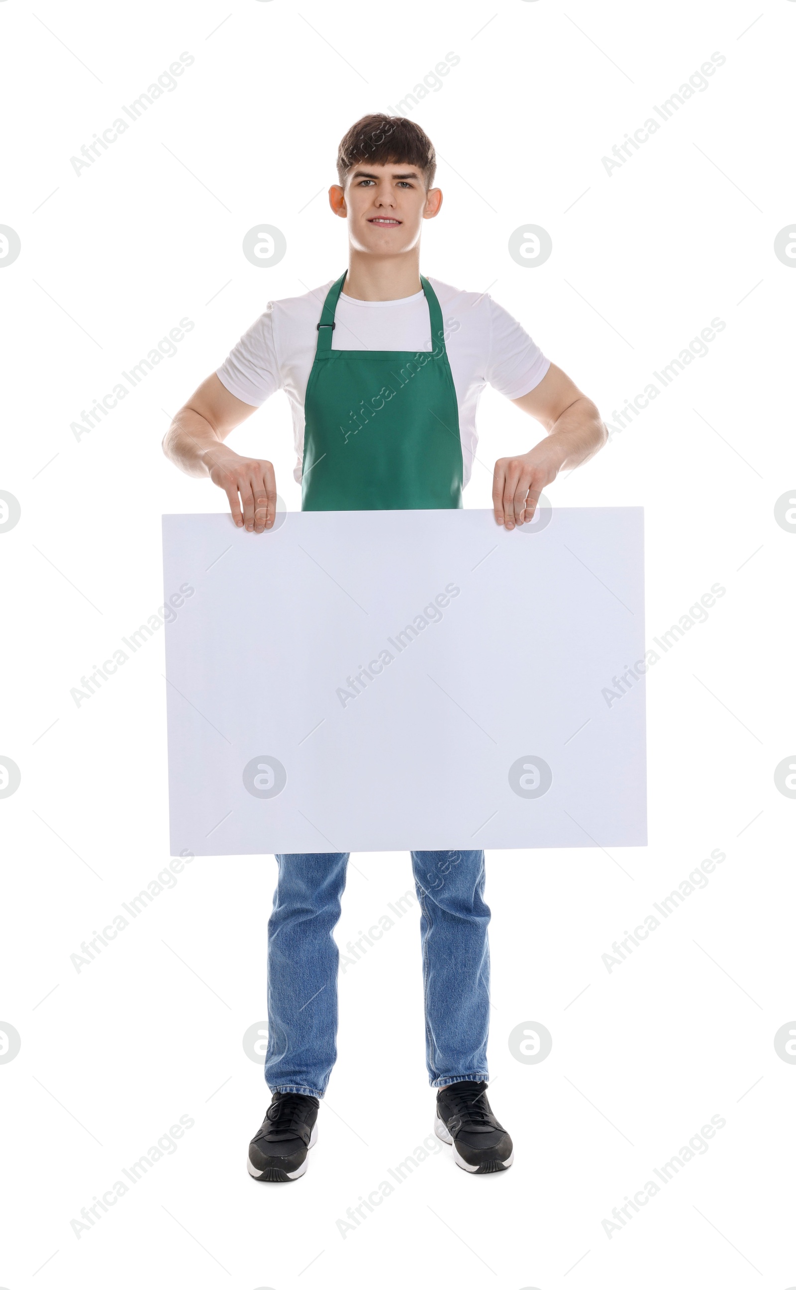 Photo of Smiling cleaning service worker with sheet of paper on white background. Space for text