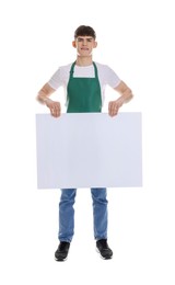 Photo of Smiling cleaning service worker with sheet of paper on white background. Space for text