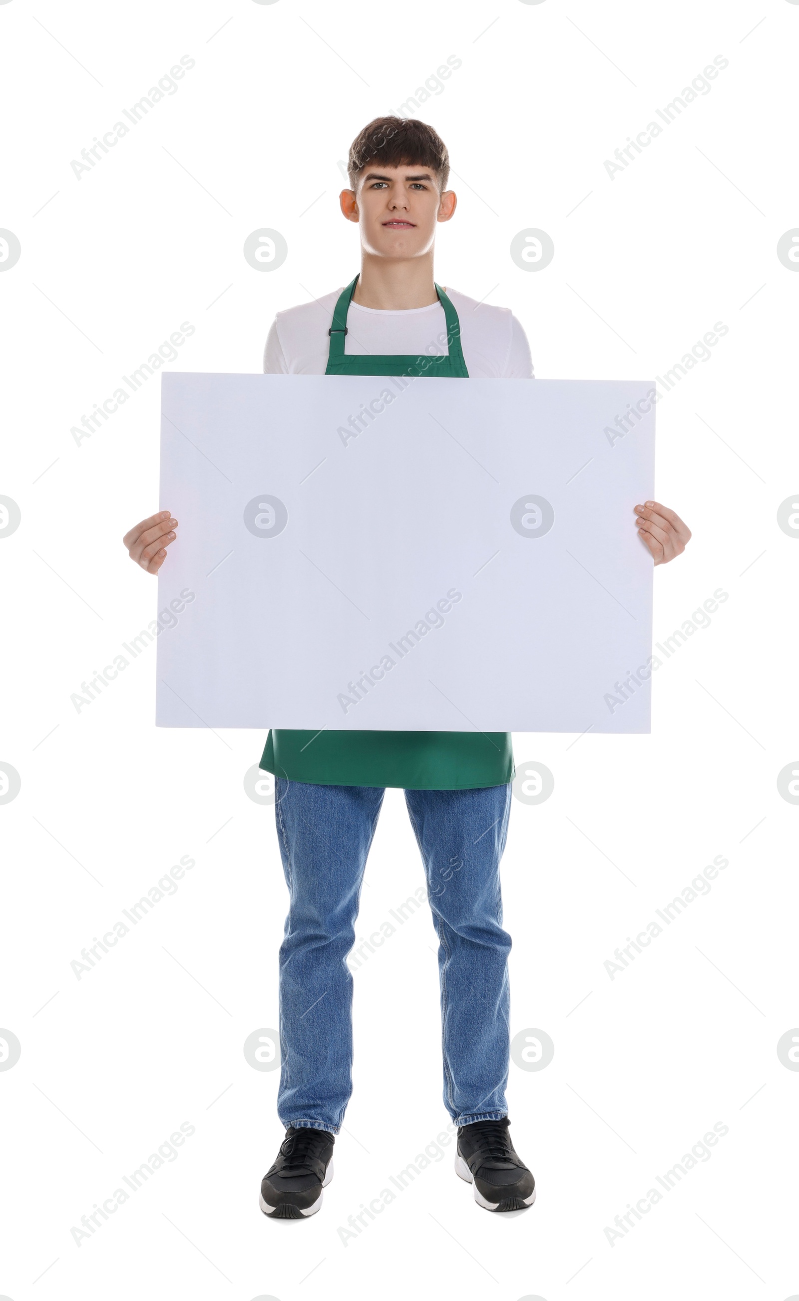 Photo of Cleaning service worker with sheet of paper on white background. Space for text