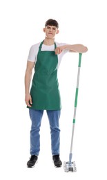 Cleaning service worker with mop on white background