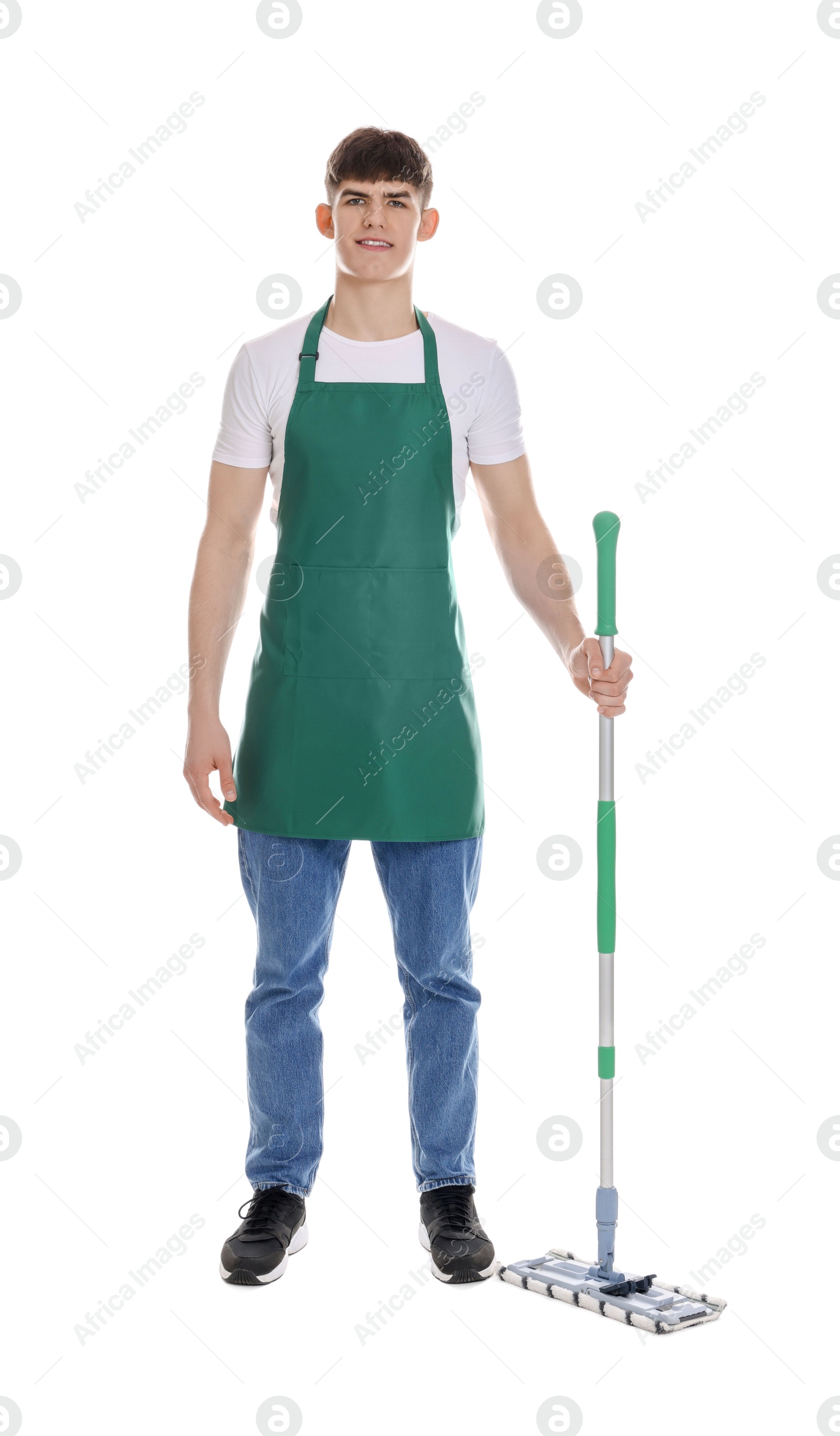 Photo of Smiling cleaning service worker with mop on white background