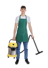 Smiling cleaning service worker with vacuum cleaner on white background