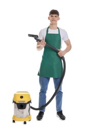 Smiling cleaning service worker with vacuum cleaner on white background