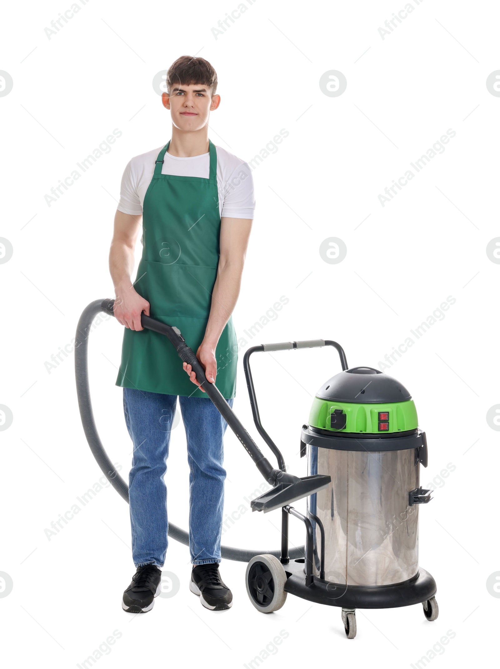 Photo of Cleaning service worker with vacuum cleaner on white background