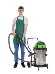 Photo of Cleaning service worker with vacuum cleaner on white background