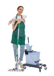 Photo of Smiling cleaning service worker with supplies on white background