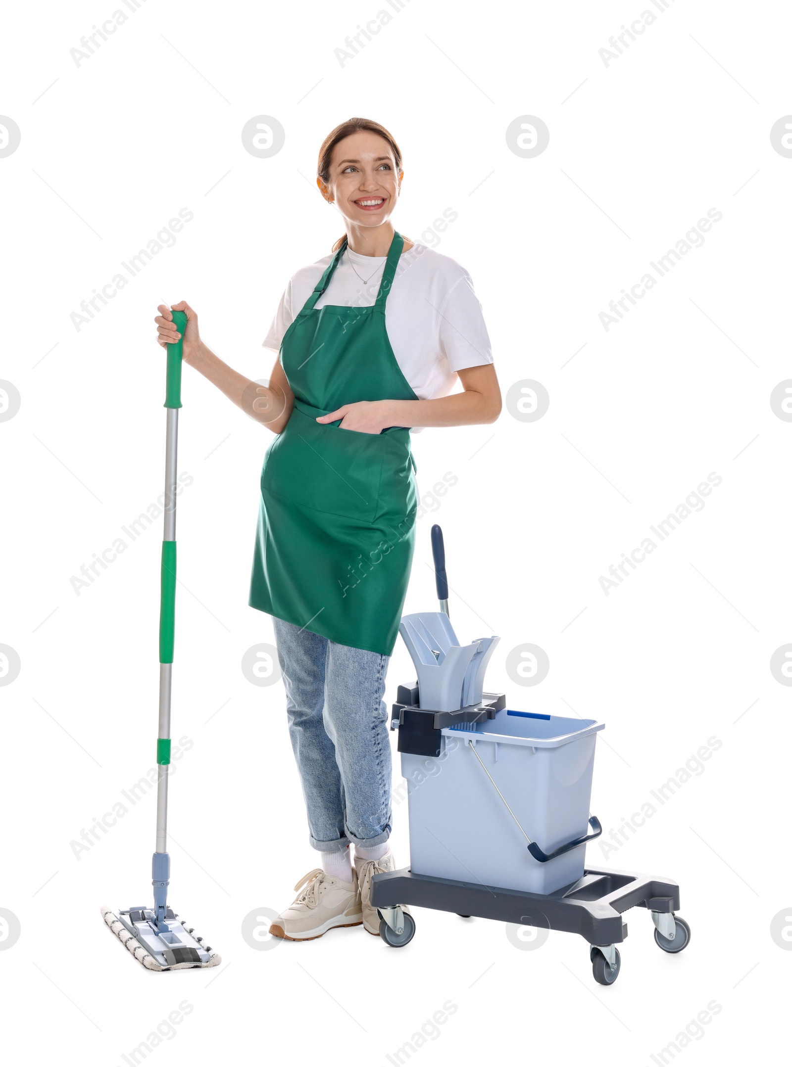 Photo of Smiling cleaning service worker with supplies on white background