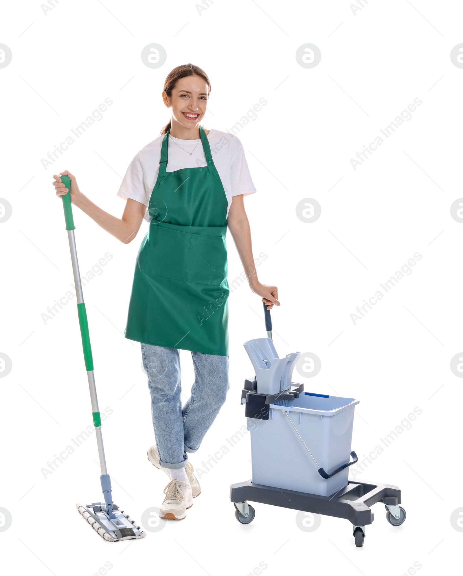 Photo of Smiling cleaning service worker with supplies on white background