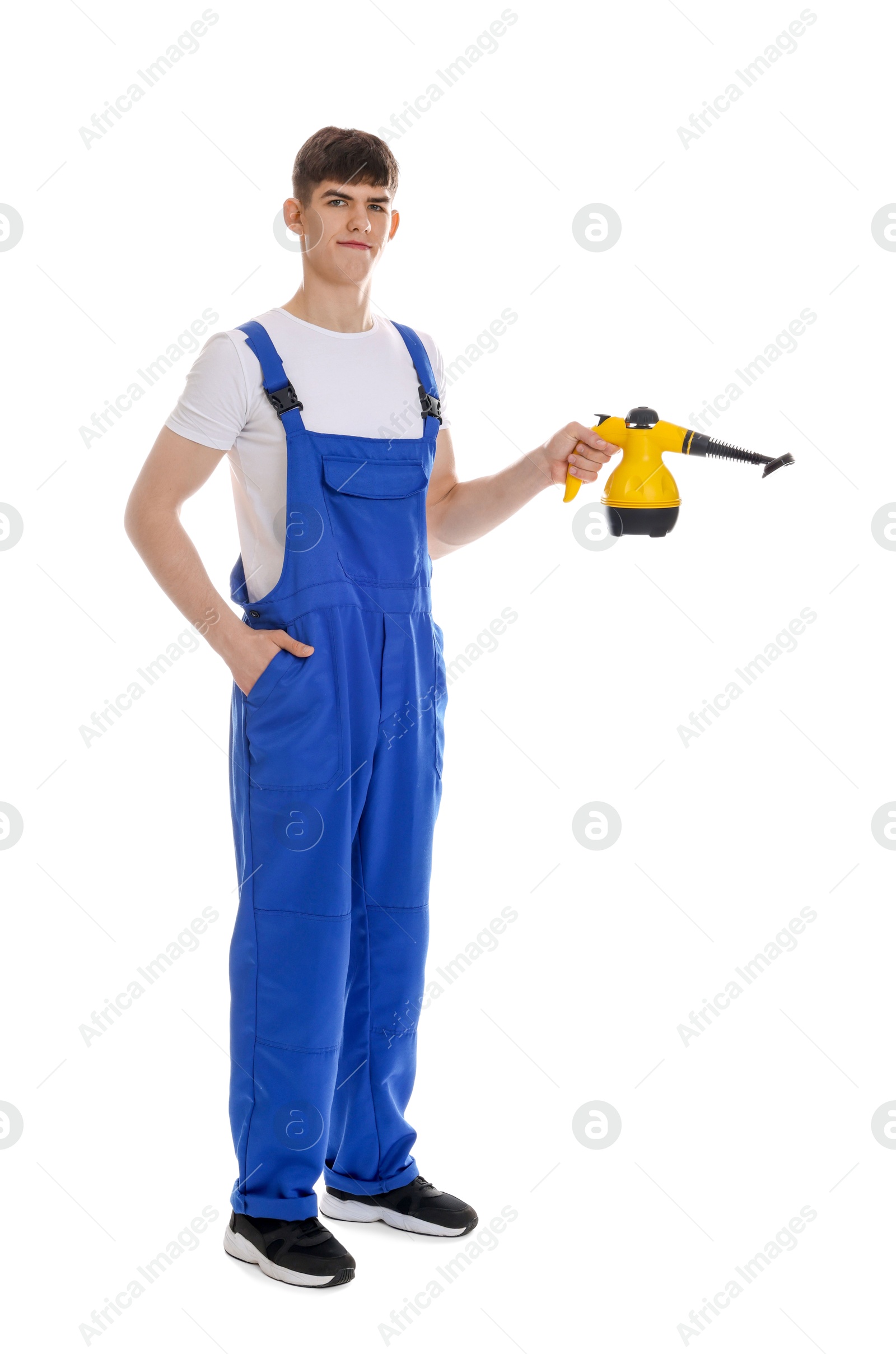 Photo of Cleaning service worker with steam cleaner on white background