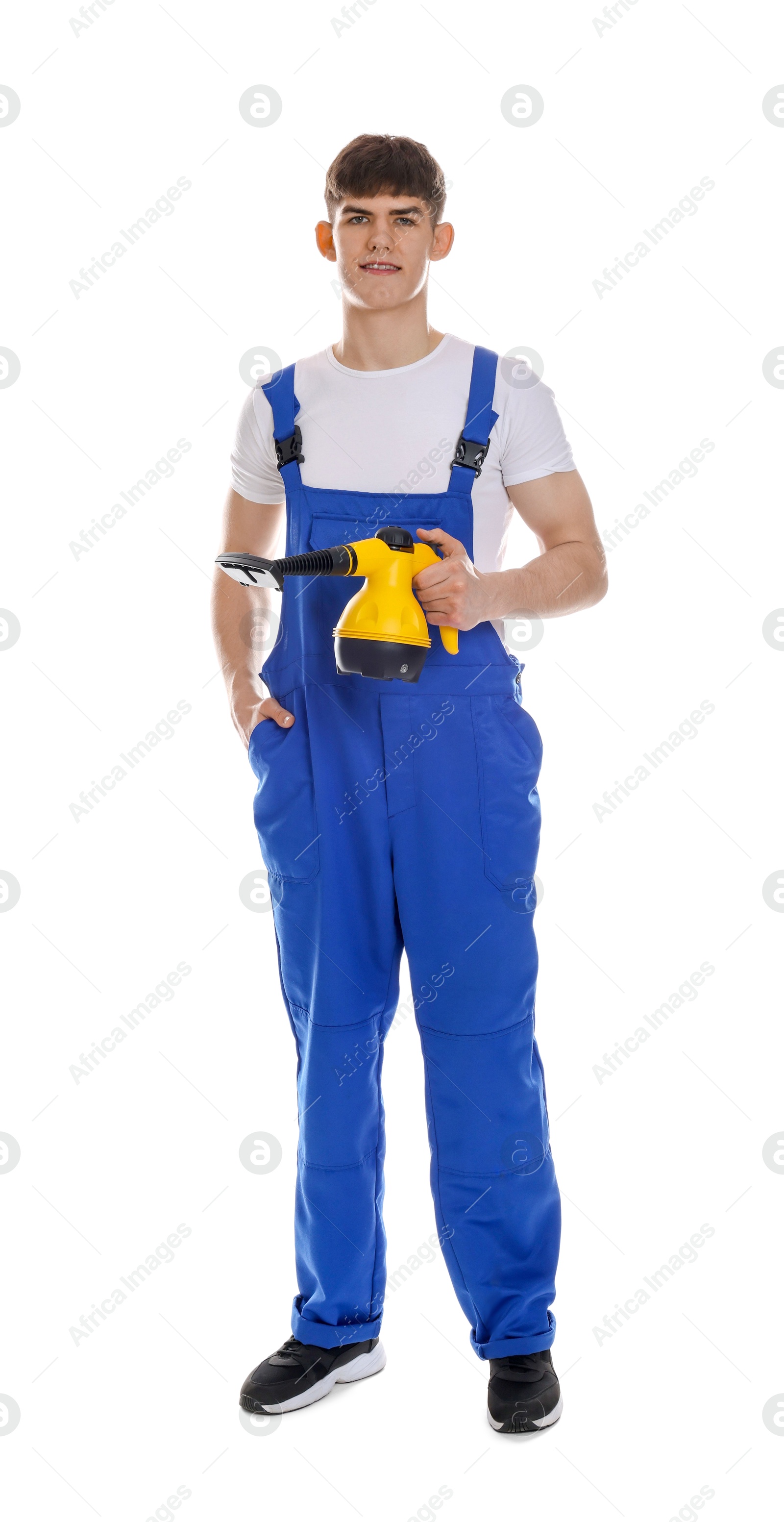 Photo of Cleaning service worker with steam cleaner on white background