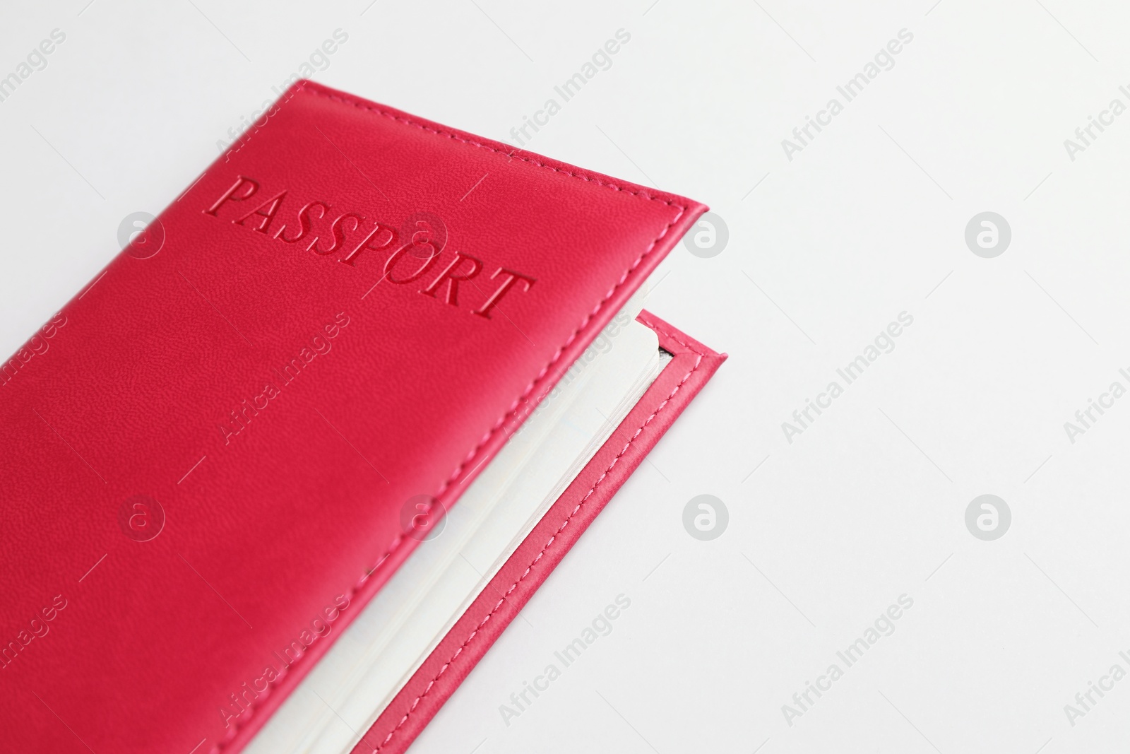 Photo of Passport in red cover on light background, closeup. Space for text