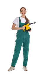 Photo of Smiling cleaning service worker with steam cleaner on white background