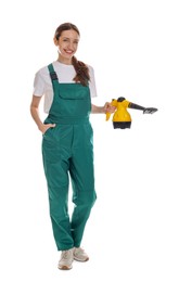 Photo of Smiling cleaning service worker with steam cleaner on white background