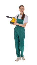 Smiling cleaning service worker with steam cleaner on white background