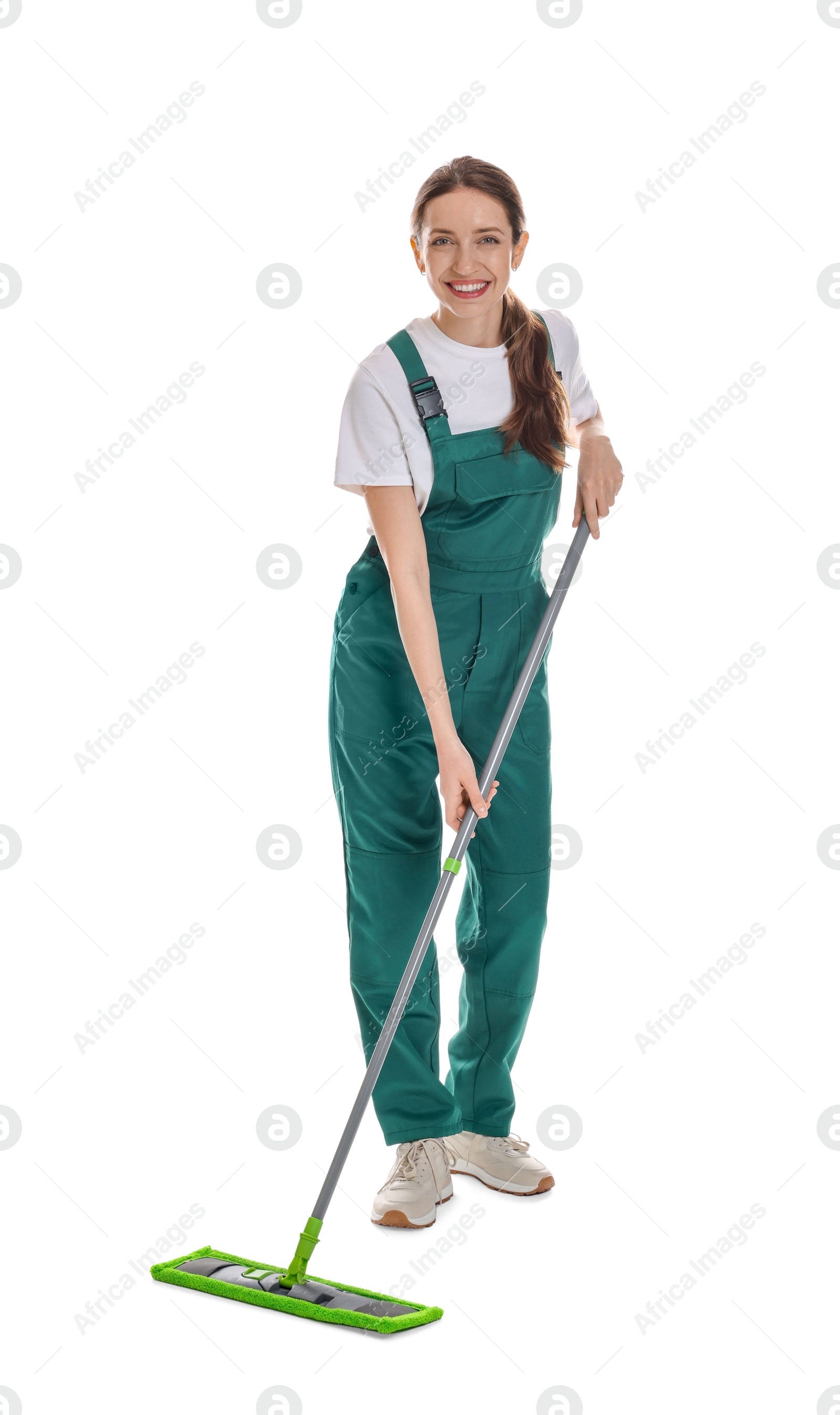 Photo of Smiling cleaning service worker with mop on white background