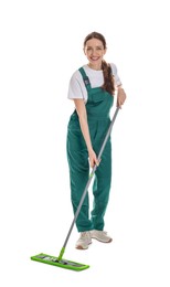 Photo of Smiling cleaning service worker with mop on white background