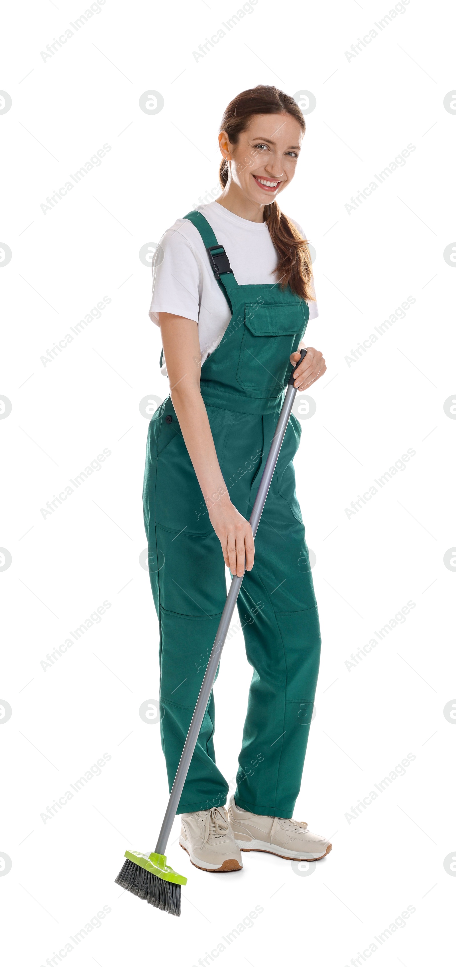 Photo of Smiling cleaning service worker with broom on white background