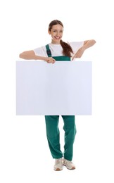 Photo of Smiling cleaning service worker with sheet of paper on white background. Space for text