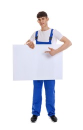 Smiling cleaning service worker with sheet of paper on white background. Space for text