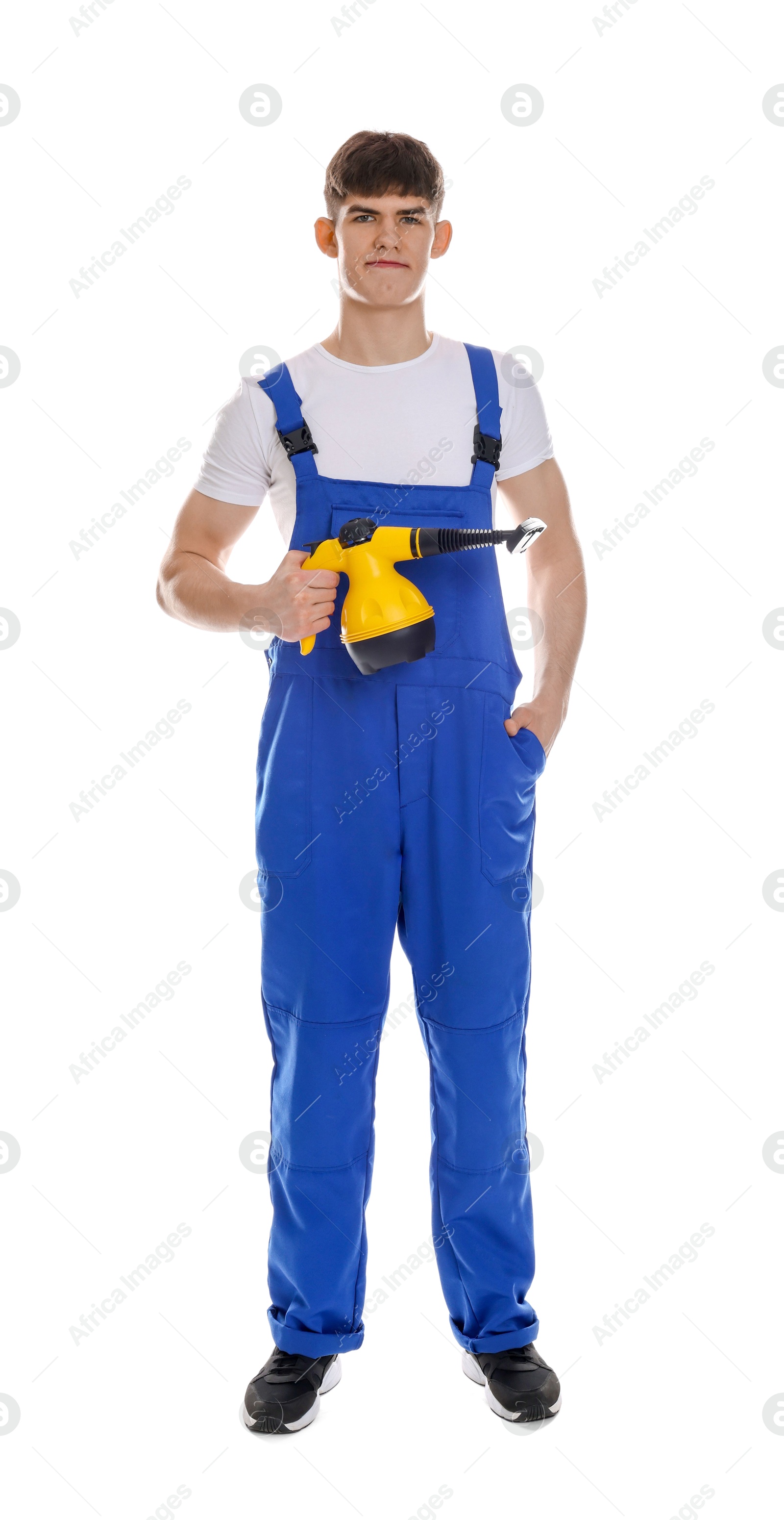 Photo of Cleaning service worker with steam cleaner on white background