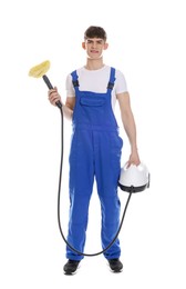 Cleaning service worker with steam cleaner on white background