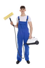 Cleaning service worker with steam cleaner on white background