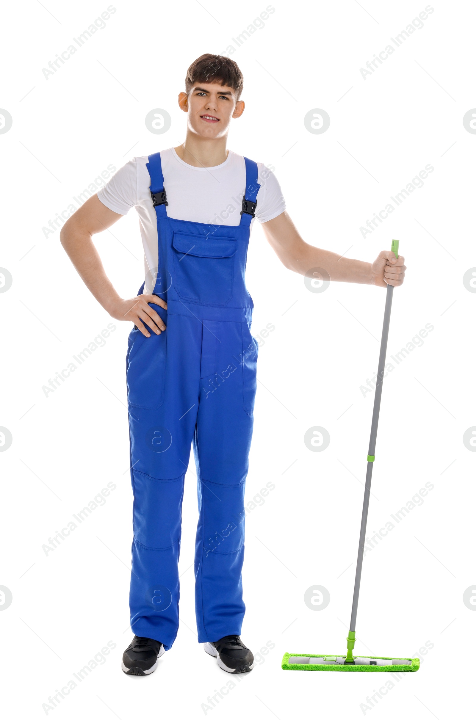 Photo of Cleaning service worker with mop on white background