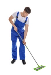 Photo of Cleaning service worker with mop on white background