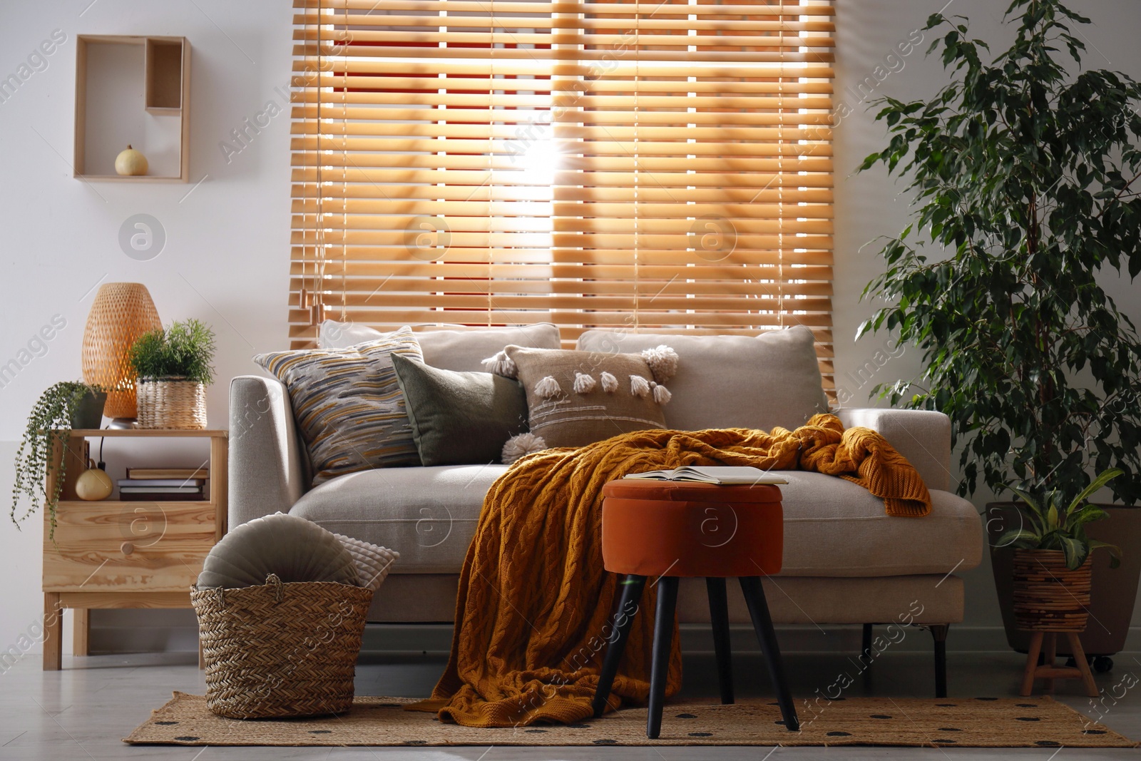 Photo of Stylish living room interior with comfortable sofa and ottoman