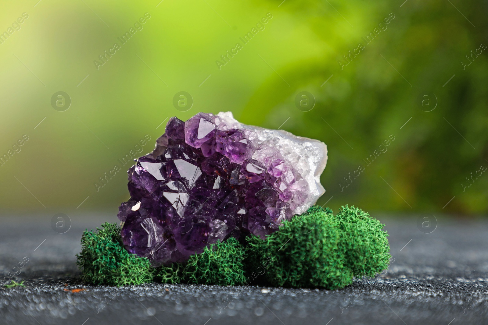 Photo of Beautiful amethyst gemstone and moss on grey textured table