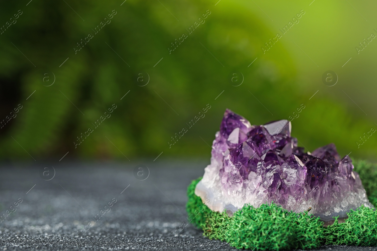 Photo of Beautiful amethyst gemstone and moss on grey textured table. Space for text