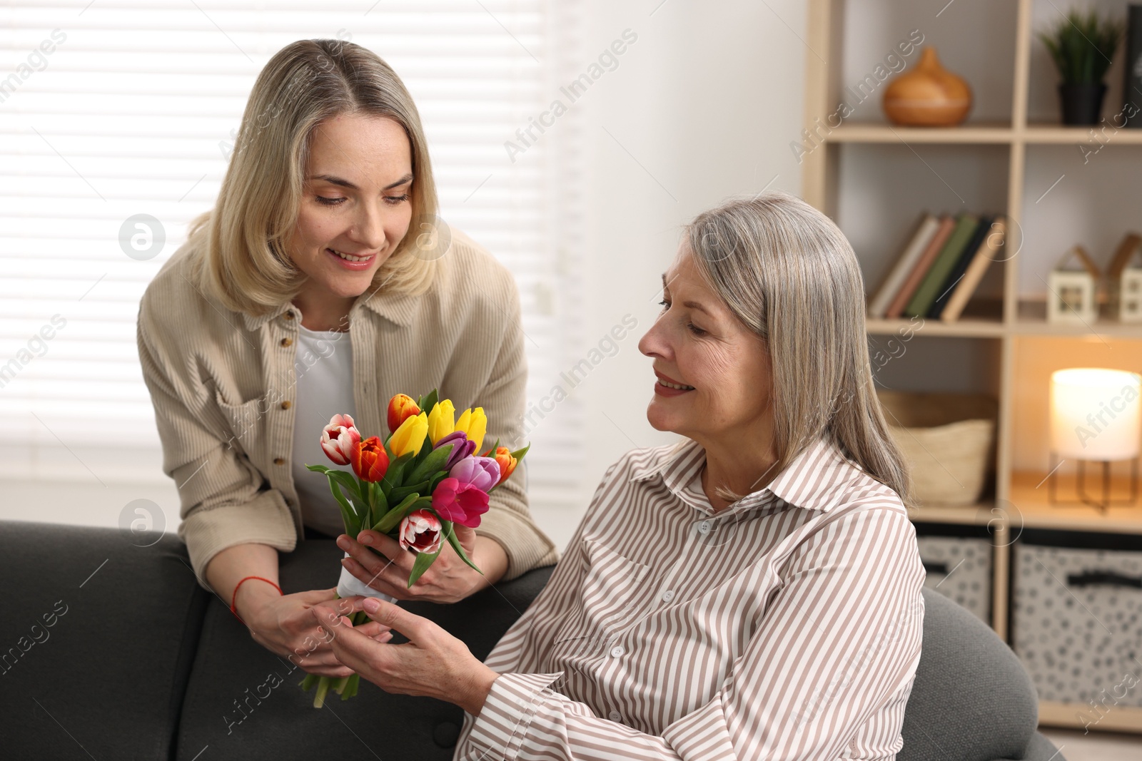 Photo of Smiling daughter congratulating her mom with bouquet of tulips at home. Happy Mother's Day