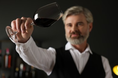 Professional sommelier analyzing quality of red wine indoors, selective focus