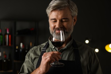 Professional sommelier tasting red wine in glass indoors