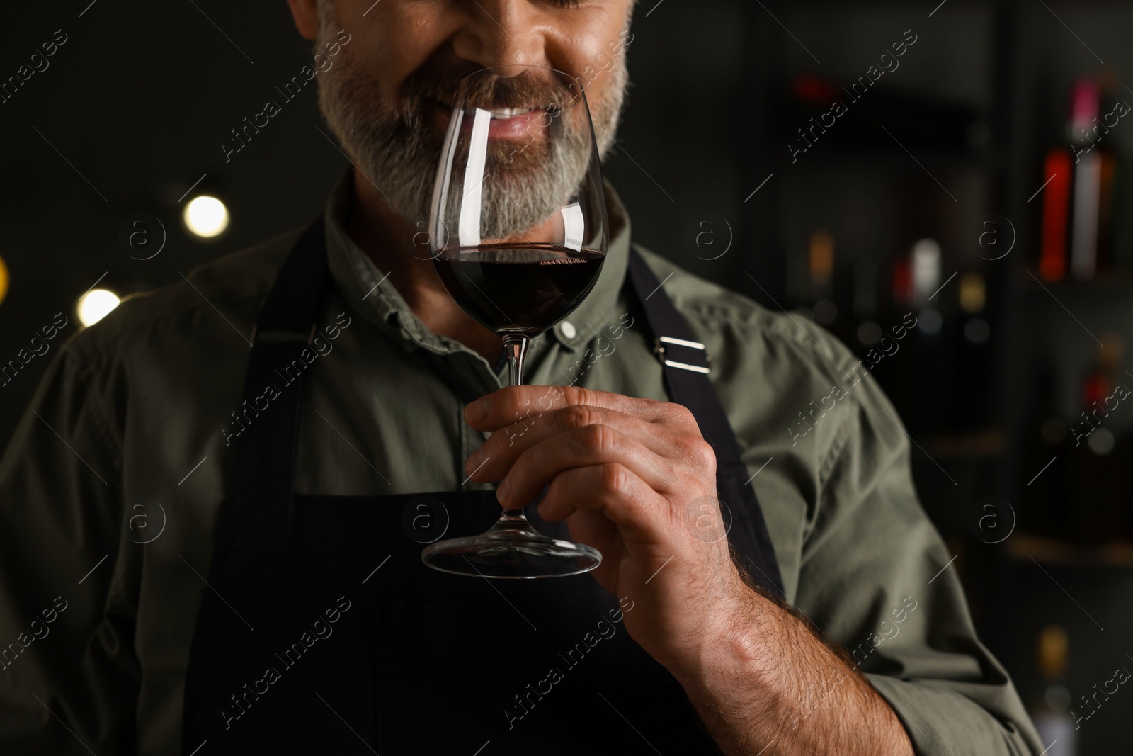 Photo of Professional sommelier tasting red wine in glass indoors, closeup