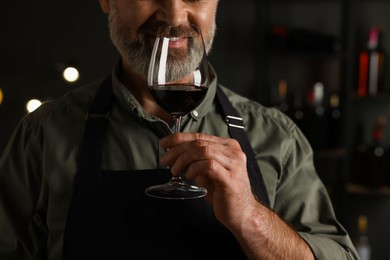 Professional sommelier tasting red wine in glass indoors, closeup