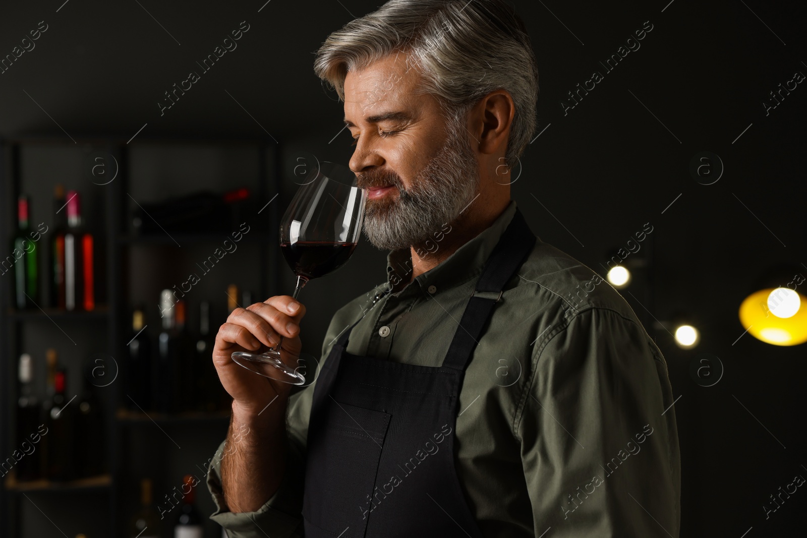 Photo of Professional sommelier tasting red wine in glass indoors