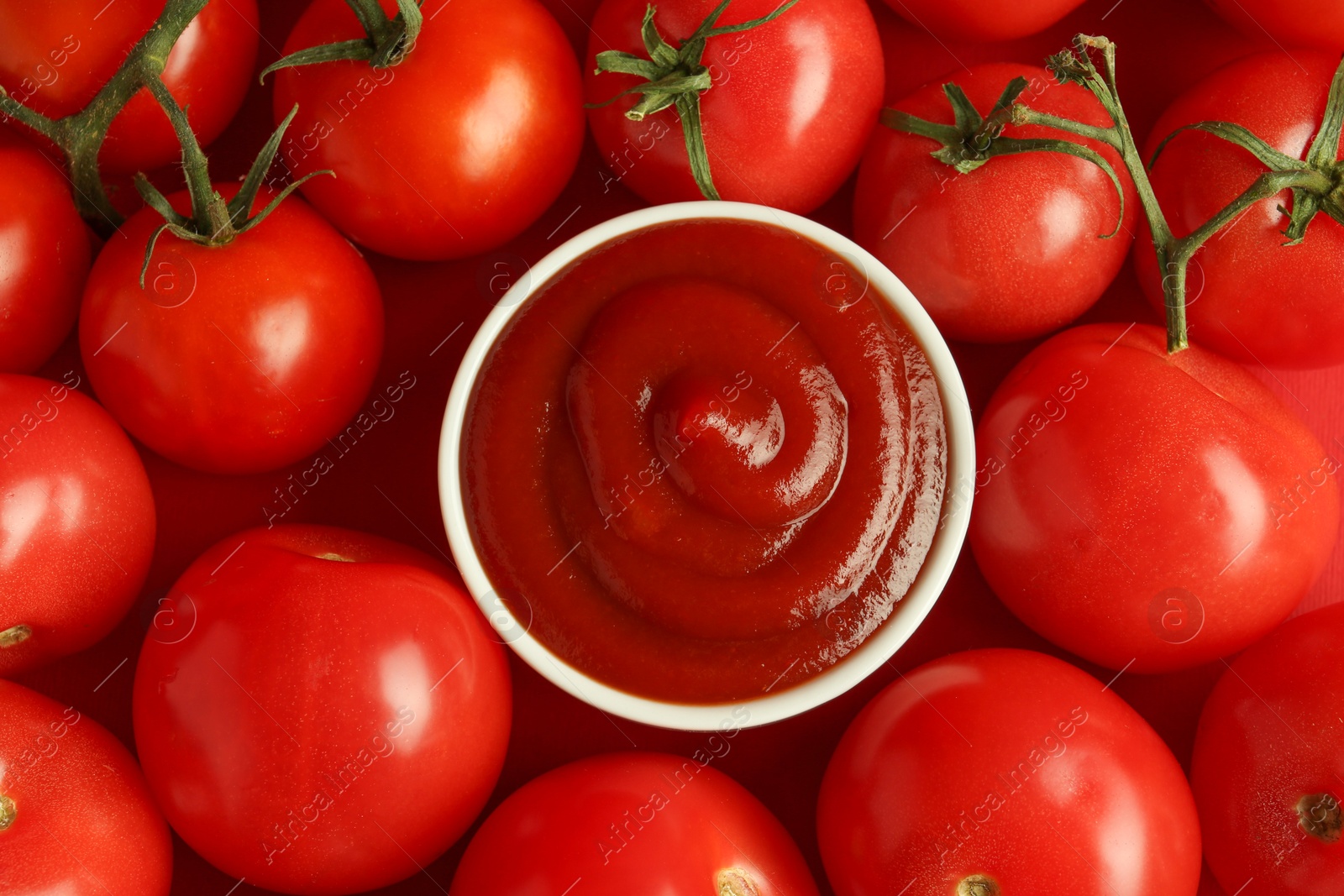 Photo of Ketchup in bowl and fresh tomatoes on red background, top view