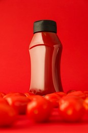 Photo of Bottle of ketchup and tomatoes on red background