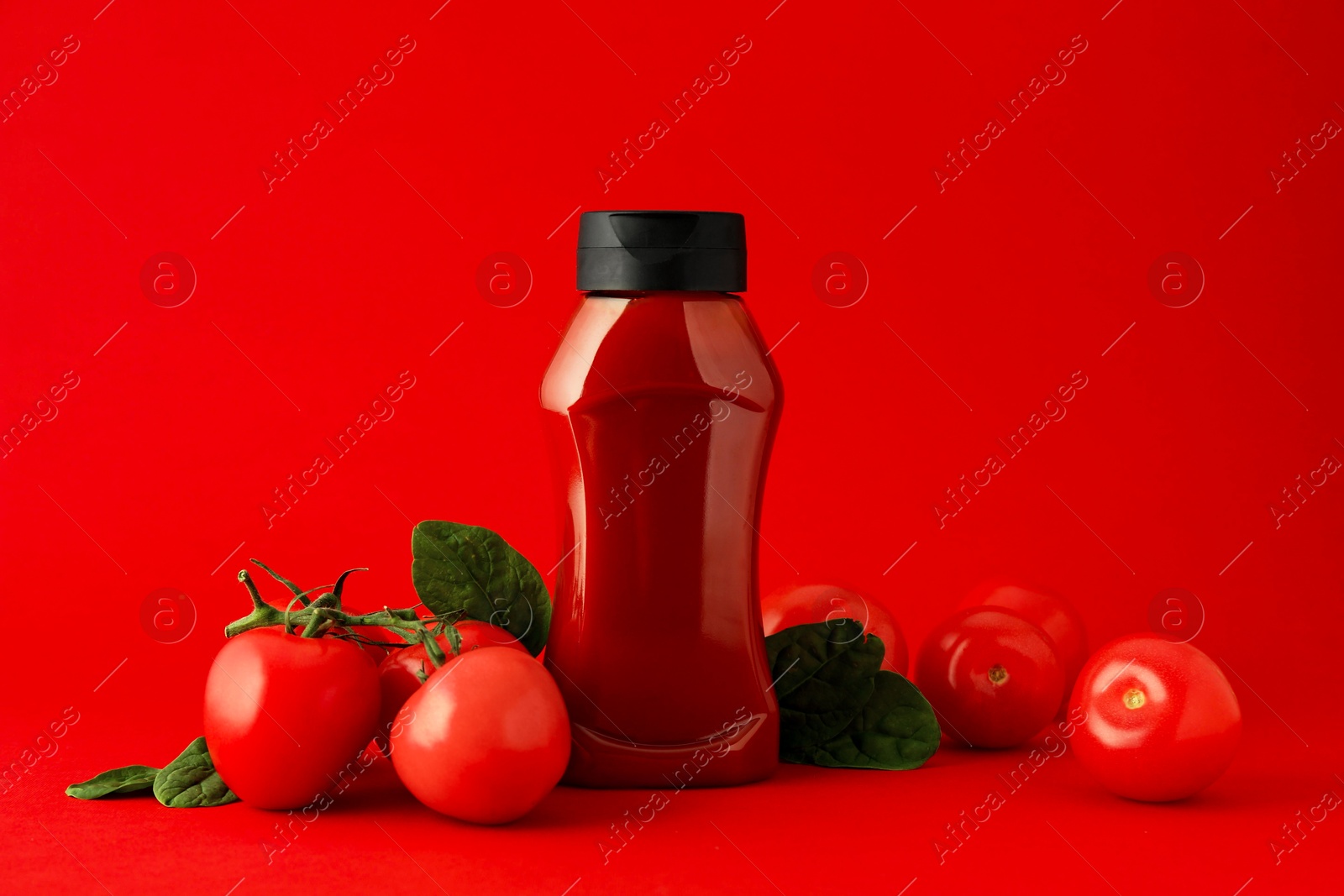 Photo of Bottle of ketchup and tomatoes on red background