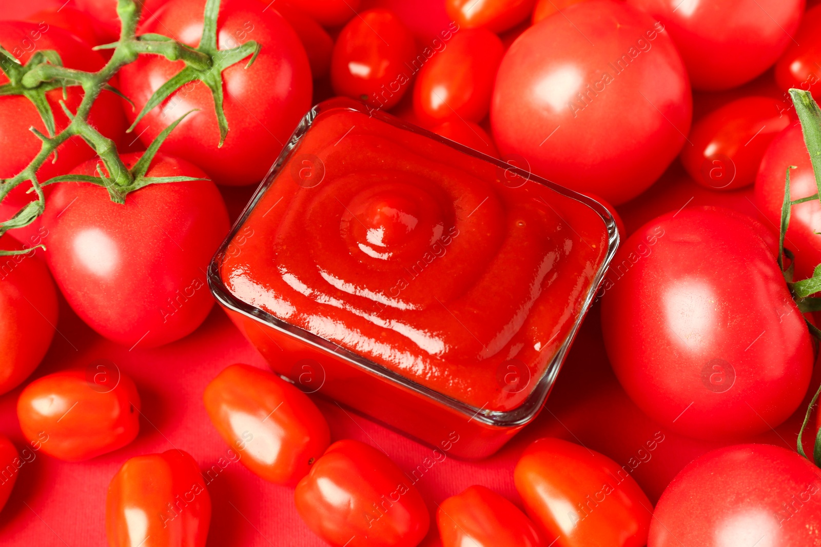 Photo of Ketchup in bowl and tomatoes on red background, closeup