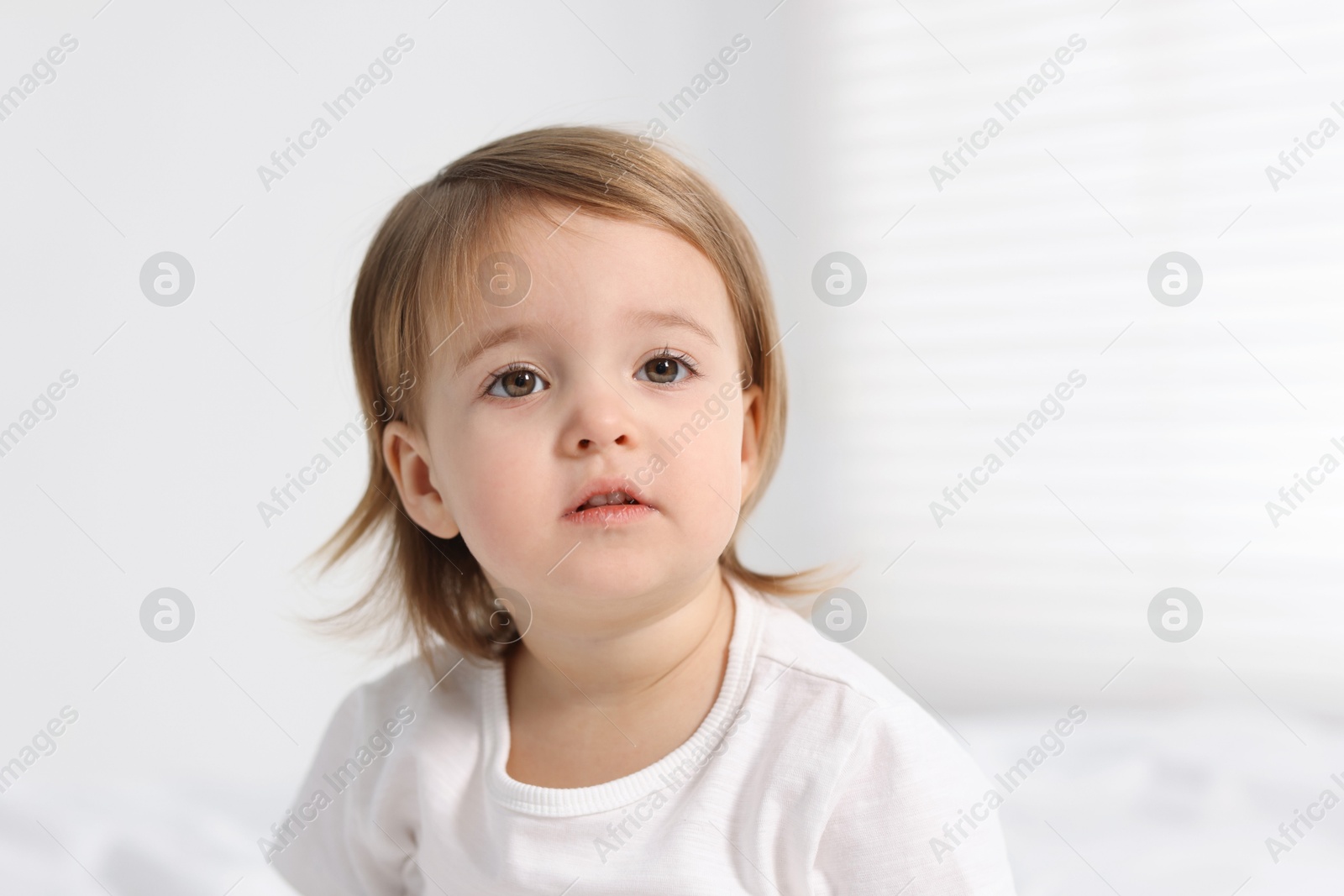 Photo of Portrait of cute little baby girl on light background