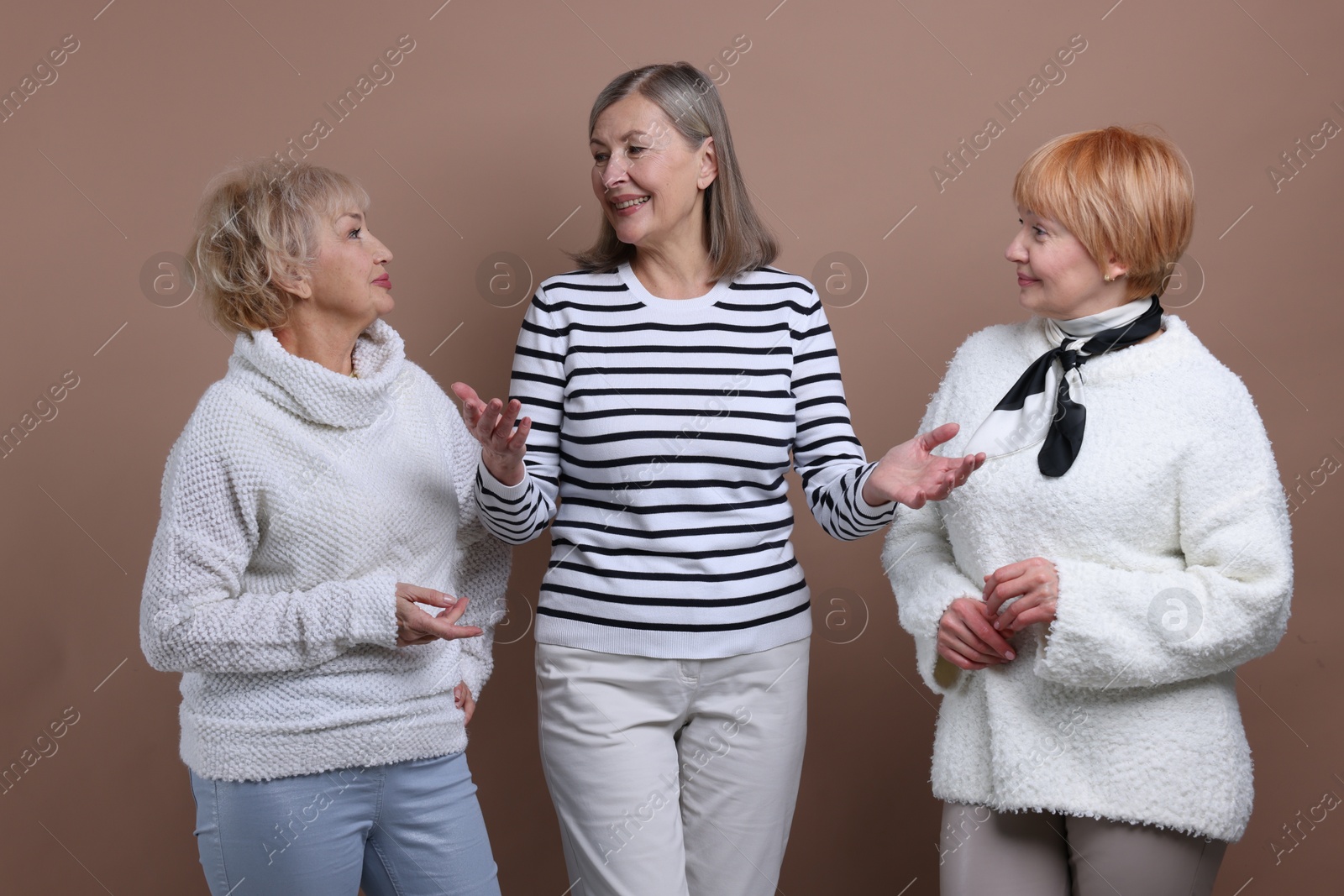 Photo of Friendship. Portrait of senior women on dark beige background