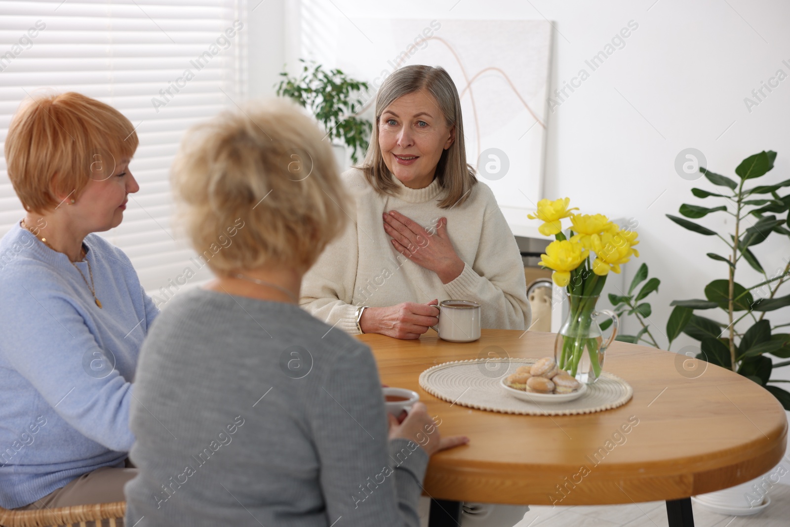 Photo of Friendship. Senior women enjoying hot drinks at table indoors