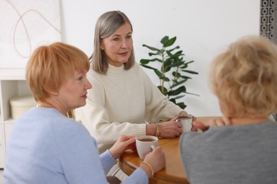 Photo of Friendship. Senior women enjoying hot drinks at table indoors