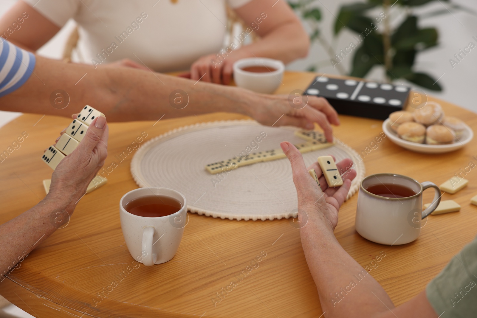 Photo of Friendship. Senior women playing dominoes at wooden table indoors, closeup