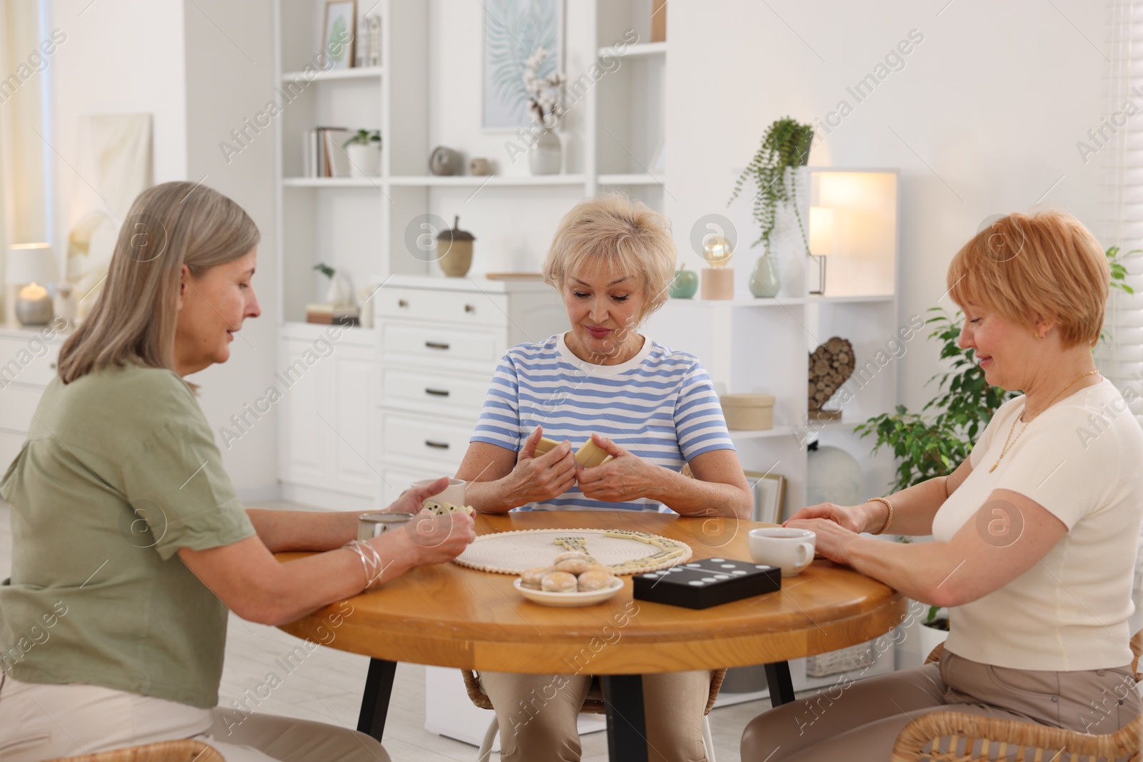 Photo of Friendship. Senior women playing dominoes at wooden table indoors