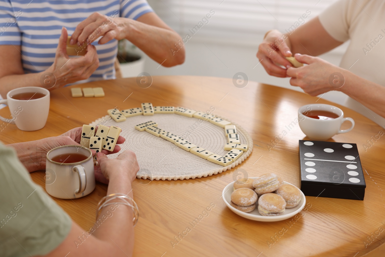 Photo of Friendship. Senior women playing dominoes at wooden table indoors